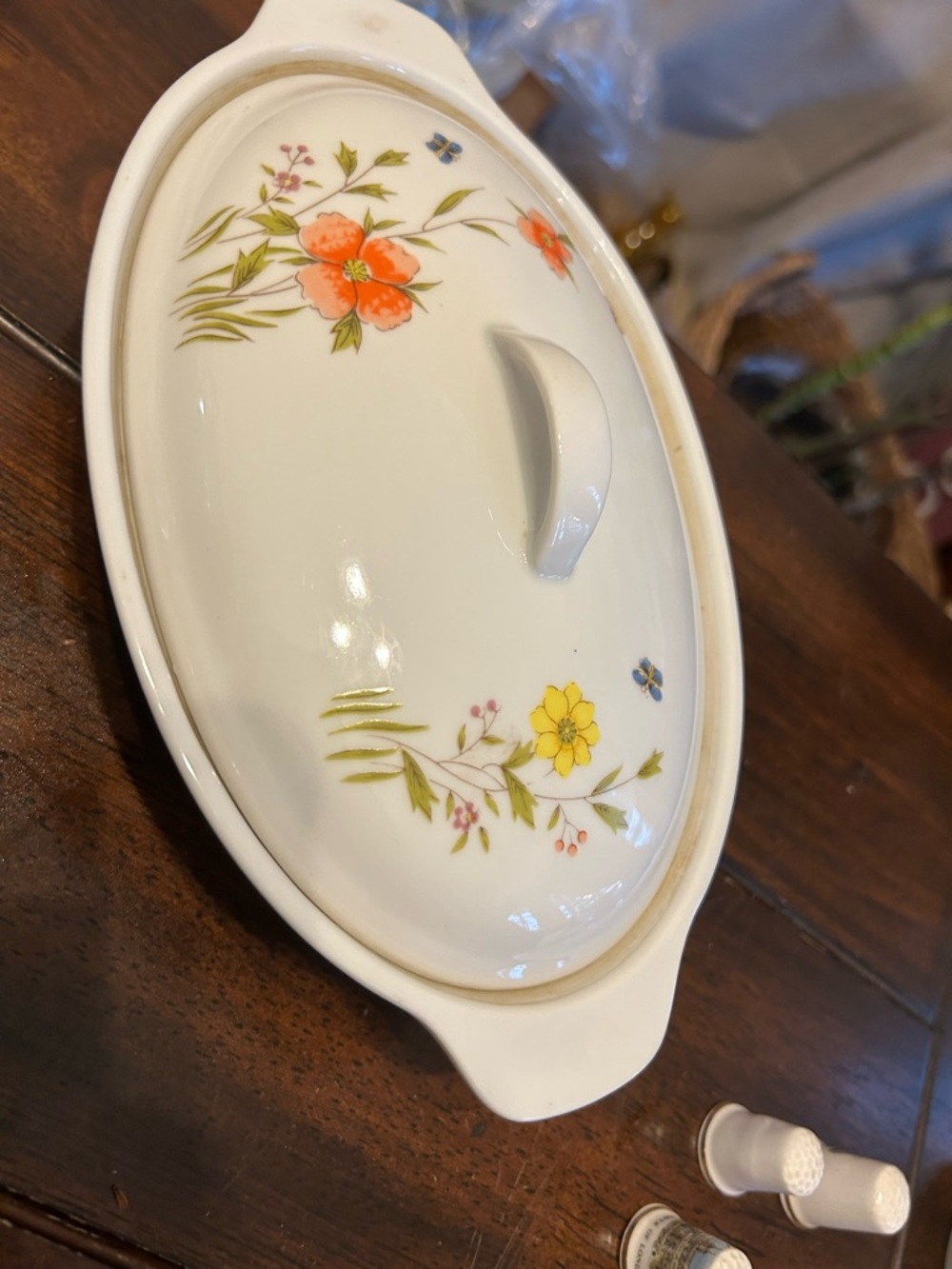 Vintage Floral Covered Porcelain Casserole Dish - White Orange & Yellow Flowers